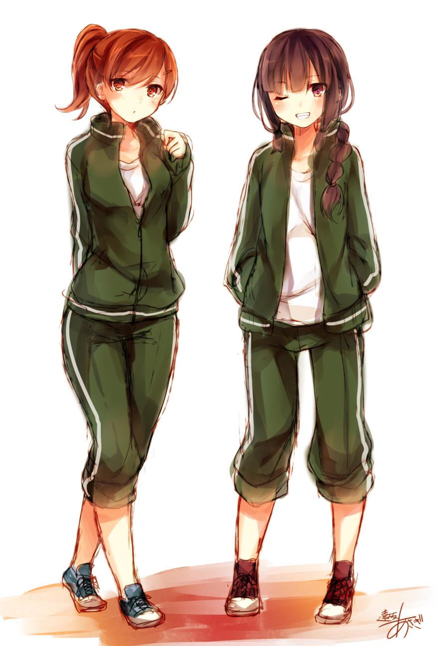 2girls alternate_hairstyle artist_name black_hair braid brown_eyes brown_hair grin gym_shirt gym_uniform highres jacket kantai_collection kitakami_(kantai_collection) long_hair multiple_girls no_socks one_eye_closed ooi_(kantai_collection) open_clothes open_jacket open_track_jacket pants pants_rolled_up ponytail purple_eyes shirt shoes short_hair signature smile sneakers toosaka_asagi track_jacket track_suit