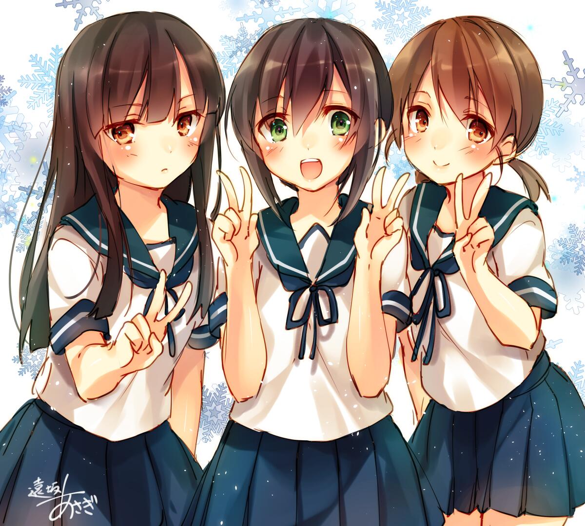 3girls black_hair brown_eyes brown_hair double_v fubuki_(kantai_collection) hatsuyuki_(kantai_collection) kantai_collection long_hair looking_at_viewer multiple_girls pleated_skirt school_uniform serafuku shirayuki_(kantai_collection) signature skirt toosaka_asagi twintails v