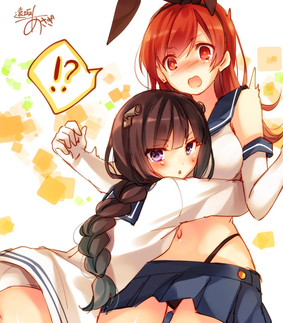 !? 2girls artist_name bangs black_hair black_panties braid brown_eyes brown_hair cosplay dress elbow_gloves gloves highleg highleg_panties highres hug kantai_collection kitakami_(kantai_collection) long_hair multiple_girls ooi_(kantai_collection) panties purple_eyes sailor_dress shimakaze_(kantai_collection) shimakaze_(kantai_collection)_(cosplay) short_hair signature thighhighs toosaka_asagi underwear yukikaze_(kantai_collection) yukikaze_(kantai_collection)_(cosplay)