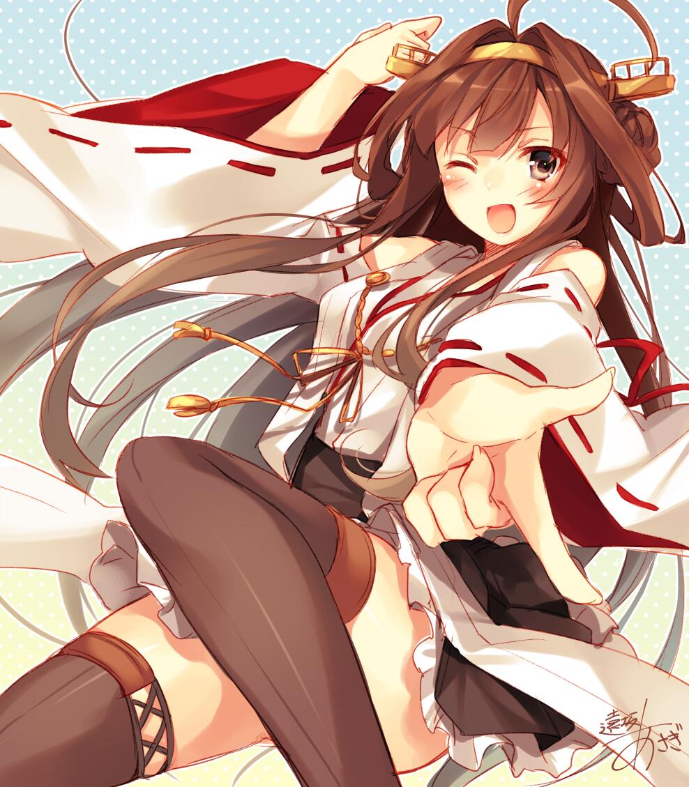 1girl ahoge bare_shoulders boots brown_hair brown_legwear detached_sleeves double_bun hair_ornament hairband headgear japanese_clothes kantai_collection kongou_(kantai_collection) long_hair looking_at_viewer nontraditional_miko one_eye_closed open_mouth outstretched_hand pleated_skirt ribbon_trim signature skirt smile solo thigh_boots thighhighs toosaka_asagi zettai_ryouiki