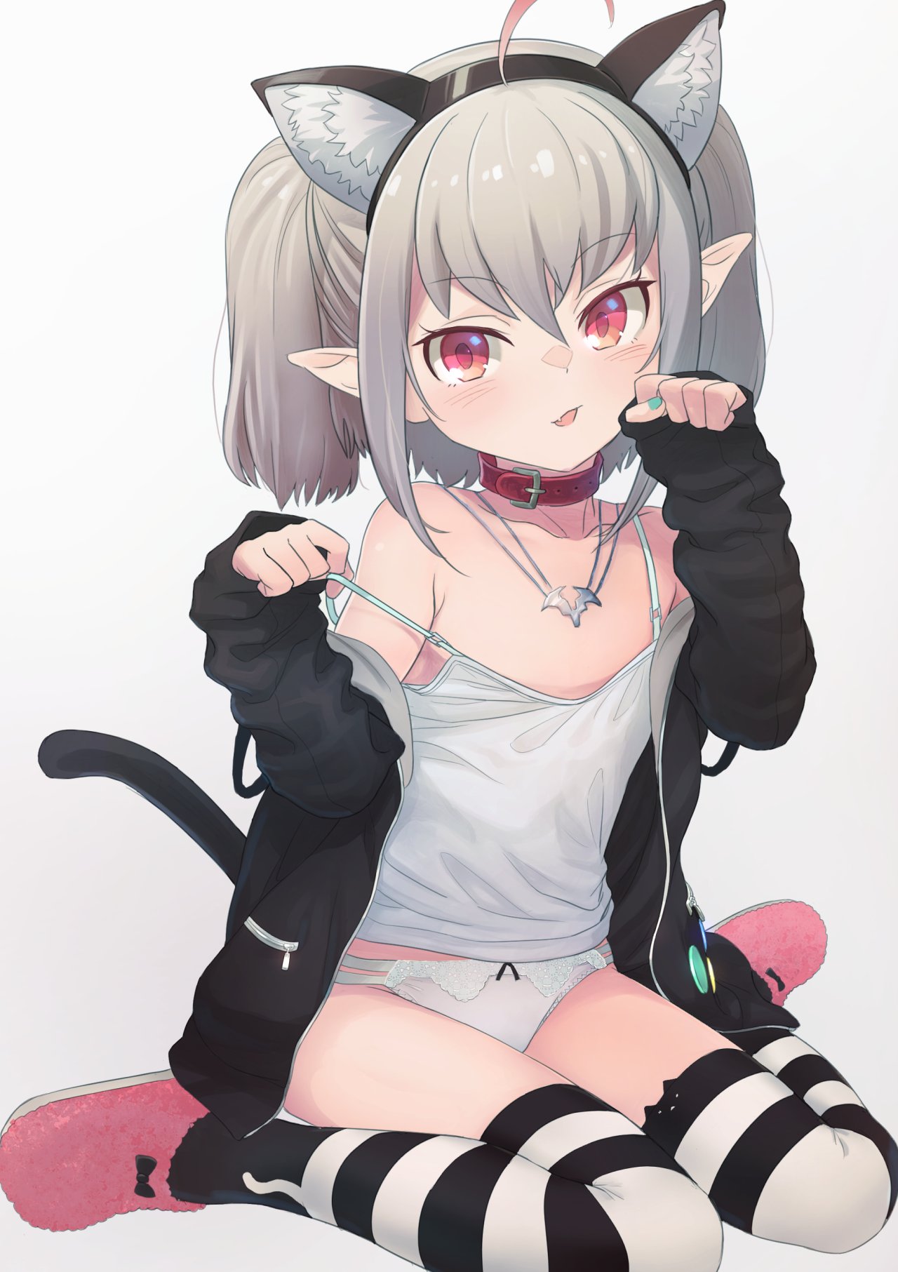 1girl ahoge animal_band_legwear animal_ears bare_shoulders blush bow bow_panties camisole cat_band_legwear cat_ears collar collarbone eyebrows_visible_through_hair fake_animal_ears grey_hair hairband highres jacket jewelry looking_at_viewer makaino_ririmu medium_hair multicolored_hair nail_polish necklace nijisanji off_shoulder open_clothes open_jacket panties parted_lips paw_pose pointy_ears red_collar red_eyes red_hair sabamen sidelocks simple_background sitting sleeves_past_wrists slippers solo strap_slip streaked_hair striped striped_legwear thighhighs twintails underwear virtual_youtuber wariza
