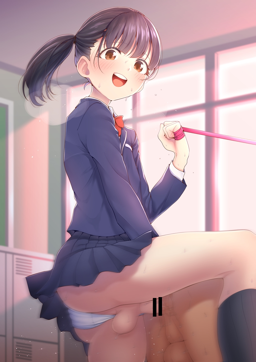 2boys :d anal ass bangs bar_censor black_hair blush brown_eyes censored classroom highres hokuroryuseigun indoors jacket josou_seme leash_pull long_sleeves looking_at_viewer multiple_boys open_mouth original otoko_no_ko panties penis pleated_skirt red_neckwear sex sex_from_behind side_ponytail skirt smile sweat testicles underwear white_panties yaoi