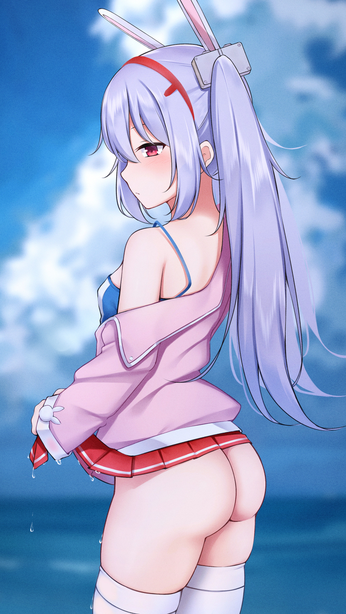 1girl animal_ears ass azur_lane blurry blurry_background bunny_ears closed_mouth cloud commentary_request day depth_of_field dripping expressionless from_side hair_ornament hairband highres jacket laffey_(azur_lane) long_hair long_sleeves miniskirt nestea off_shoulder outdoors pink_jacket pleated_skirt profile purple_hair red_eyes red_skirt skirt skirt_lift solo spaghetti_strap thighhighs twintails wet wet_clothes wet_skirt white_legwear wringing_clothes wringing_skirt