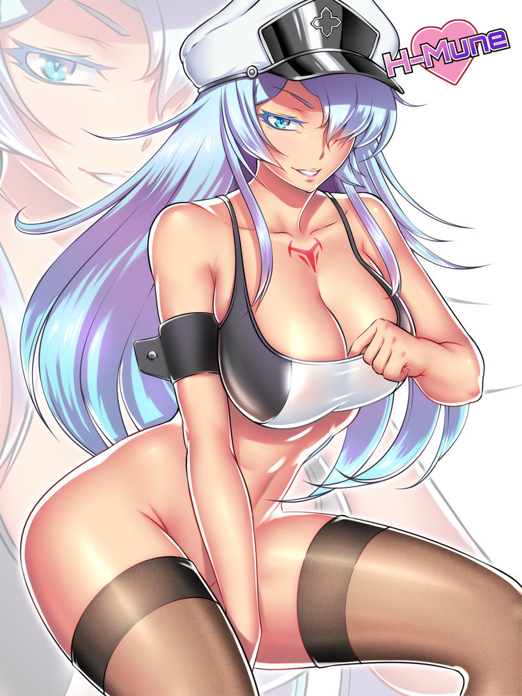 1girl akame_ga_kill! aqua_eyes armband artist_name blue_hair bottomless breasts chest_tattoo cleavage cleavage_reach collarbone commentary convenient_leg english_commentary esdeath h-mune hair_over_one_eye hat invisible_chair large_breasts long_hair looking_at_viewer peaked_cap sheer_legwear shiny shiny_skin sitting solo swimsuit tan tankini tattoo thighhighs toned topless zoom_layer