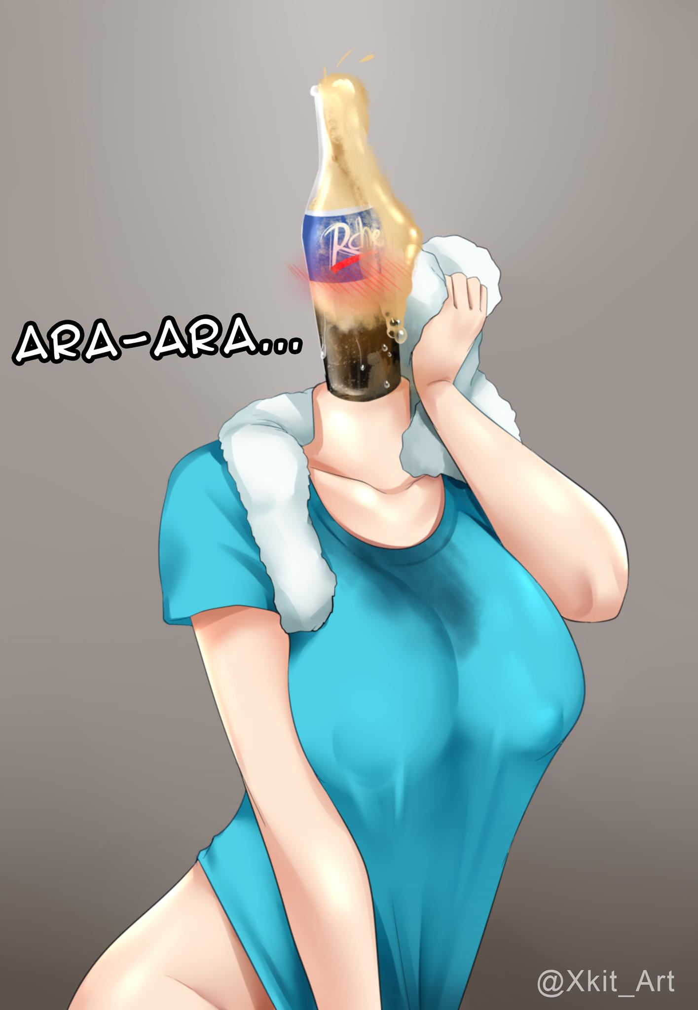 1girl ara_ara bottle bottomless brand_name_imitation breasts cola hand_on_head highres object_head original overflowing shirt simple_background soft_drink sweat towel towel_around_neck what xkit