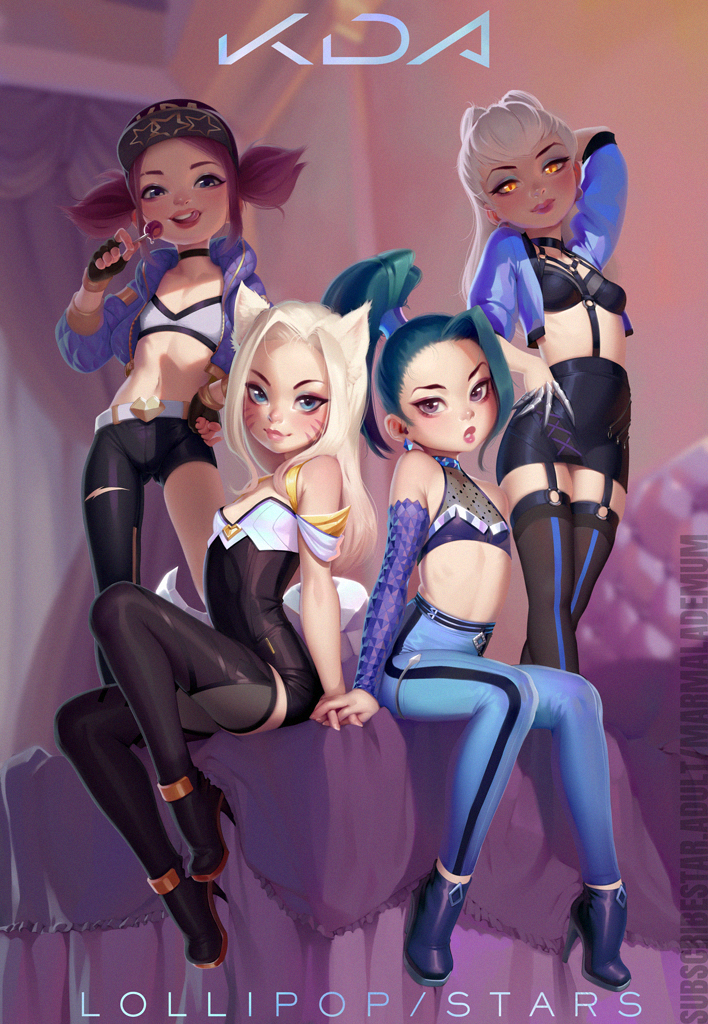 4girls ahoge ahri akali alternate_hairstyle animal_ears asymmetrical_clothes baseball_cap bed black_choker blue_eyes blue_eyeshadow boots breasts candy choker commentary cropped_jacket crystal_tail dress english_commentary evelynn_(league_of_legends) eyeshadow flat_chest food forehead fox_ears fox_girl fox_tail garter_straps green_hair hat high-waist_pants high_heel_boots high_heels high_ponytail huge_ahoge idol k/da_(league_of_legends) kai'sa league_of_legends licking_lips lips lollipop long_hair looking_at_viewer makeup marmalade_mum midriff mignonnes_(film) multiple_girls navel o-ring o-ring_top on_bed plaid purple_eyes short_dress single_pantsleg slit_pupils small_breasts sports_bra stomach tail the_baddest_ahri the_baddest_akali the_baddest_evelynn the_baddest_kai'sa thigh_boots thighhighs tongue tongue_out twintails whisker_markings white_hair younger zettai_ryouiki