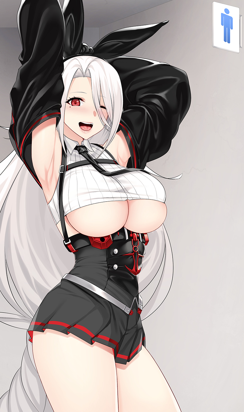 1girl ;d anchor_symbol armpits arms_behind_head azur_lane bangs bare_shoulders black_sleeves blush braid breasts collared_shirt commentary cowboy_shot crop_top detached_sleeves eyebrows_visible_through_hair grey_skirt hair_between_eyes hairband high-waist_skirt highres indoors jjanda large_breasts long_hair looking_at_viewer mole mole_under_eye necktie nose_blush one_eye_closed open_mouth pleated_skirt prinz_heinrich_(azur_lane) red_eyes ribbed_shirt shirt sidelocks skirt sleeveless sleeveless_shirt smile solo standing toilet_symbol underboob upper_teeth very_long_hair white_hair