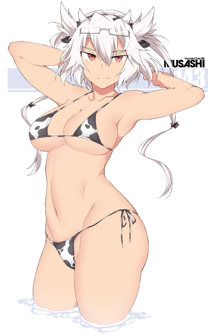 1girl animal_print bare_arms bare_legs bare_shoulders bikini breasts character_name closed_mouth collarbone cow_print eyewear_on_head glasses groin hair_between_eyes kantai_collection large_breasts long_hair musashi_(kantai_collection) navel partially_submerged pointy_hair red_eyes shigino_sohuzi smile solo swimsuit two_side_up white_bikini white_hair