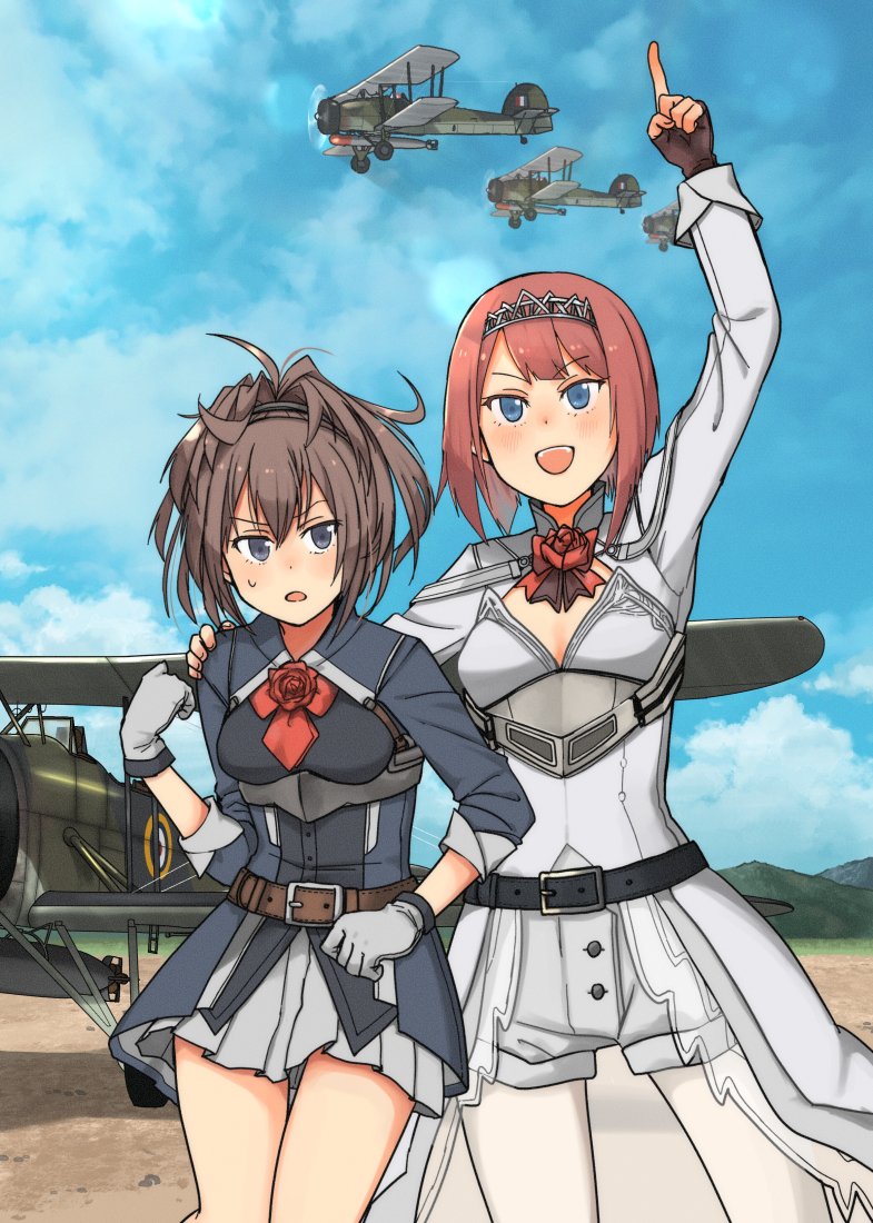 2girls aircraft airplane annin_musou ark_royal_(kantai_collection) ascot belt belt_buckle black_belt blue_eyes breasts brown_belt brown_gloves brown_hair buckle cloud cloudy_sky day fingerless_gloves flower gloves grey_eyes grey_gloves grey_skirt hair_between_eyes hairband kantai_collection long_hair long_sleeves medium_breasts messy_hair mountain multiple_girls open_mouth pantyhose pleated_skirt pointing pointing_up ponytail red_flower red_hair red_neckwear red_ribbon red_rose ribbon rose sheffield_(kantai_collection) short_hair shorts skirt sky smile tiara white_legwear white_shorts