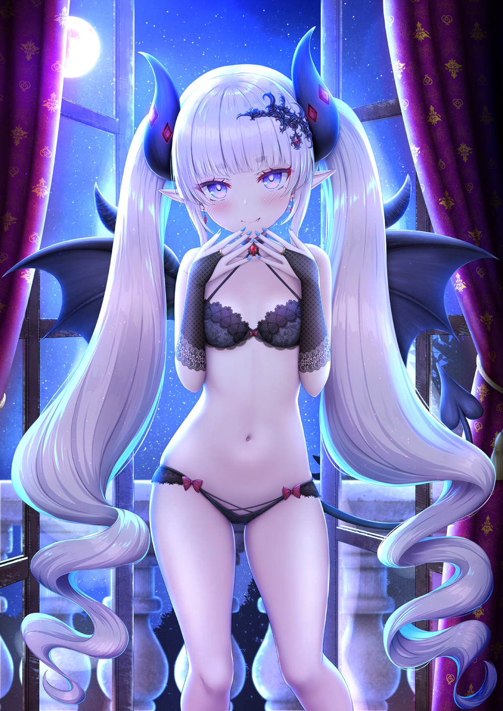 1girl bangs black_bra black_panties black_wings blue_eyes blue_nails blush bow bow_bra bow_panties bra breasts bridal_gauntlets closed_mouth commentary_request curled_horns curtains demon_girl demon_horns demon_tail demon_wings eyebrows_visible_through_hair fang fang_out hair_ornament hands_up highres horns indoors long_hair nail_polish navel night night_sky open_window original panties pointy_ears railing short_eyebrows silver_hair sky small_breasts smile solo standing star_(sky) starry_sky taiki_ken tail thick_eyebrows twintails underwear underwear_only very_long_hair window wings