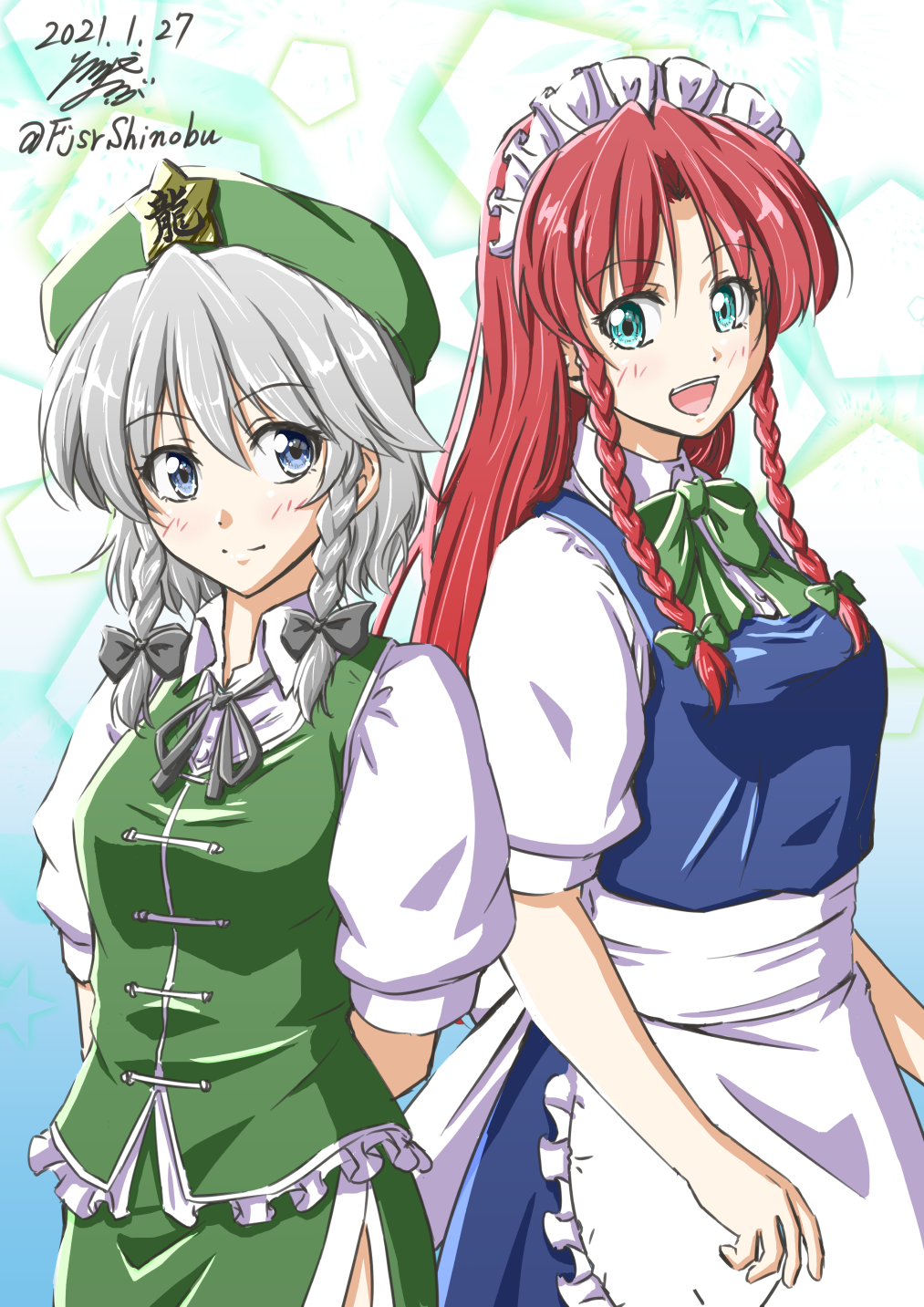 2girls apron braid cosplay costume_switch graphite_(medium) hair_ribbon hat_ornament highres hong_meiling izayoi_sakuya long_hair maid maid_apron maid_headdress multiple_girls red_hair ribbon shino-puchihebi short_hair silver_hair star_(symbol) star_hat_ornament touhou traditional_media tress_ribbon twintails