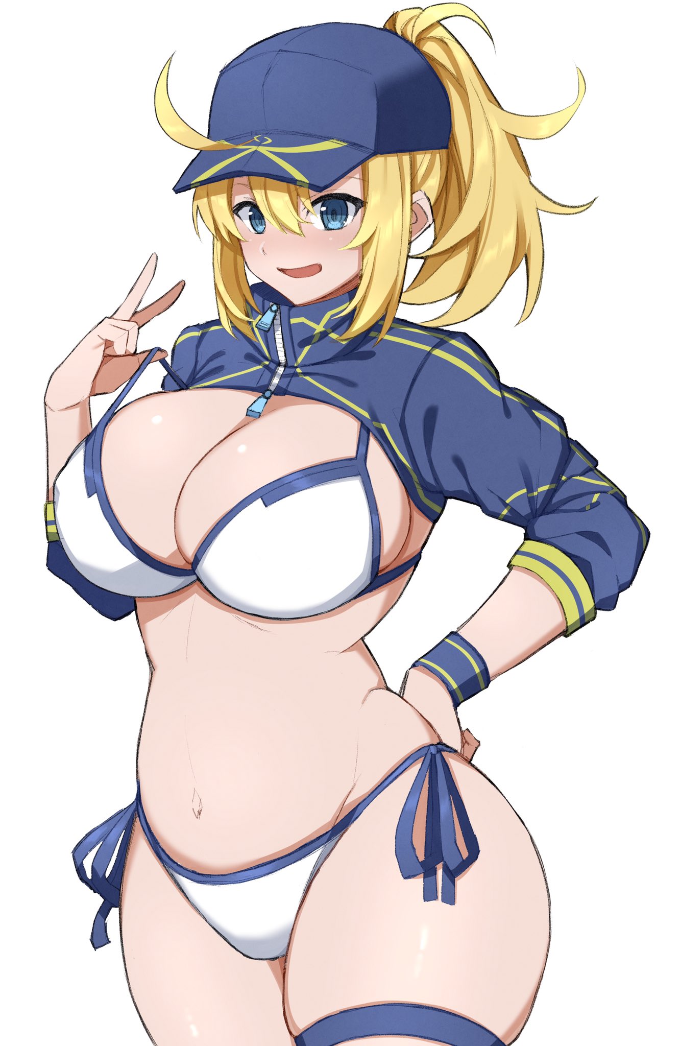 1girl ahoge artoria_pendragon_(all) bangs baseball_cap bikini blonde_hair blue_eyes blue_headwear blue_jacket blush bra bra_pull breasts cleavage commentary_request cropped_jacket eyebrows_visible_through_hair fate/grand_order fate_(series) hair_between_eyes hair_through_headwear hand_on_hip hand_up hat highres imuzi jacket large_breasts looking_at_viewer medium_hair midriff mysterious_heroine_xx_(foreigner) navel open_mouth ponytail shrug_(clothing) side-tie_bikini simple_background smile solo sweatband swimsuit underwear v white_background white_bikini wristband