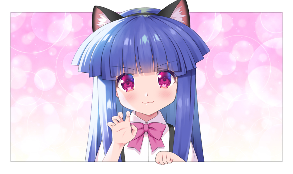 1girl :3 animal_ear_fluff animal_ears bangs black_hairband blue_hair blunt_bangs blush bow cat_ears claw_pose closed_mouth collared_shirt commentary_request dress_shirt eyebrows_visible_through_hair fake_animal_ears fourth_wall furude_rika gaou hairband hand_up higurashi_no_naku_koro_ni long_hair looking_at_viewer pink_bow red_eyes shirt solo suspenders upper_body v-shaped_eyebrows white_shirt