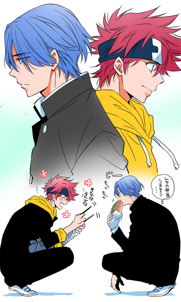 2boys back-to-back blue_eyes blue_hair closed_mouth eating food from_side gakuran kyan_reki langa_hasegawa male_focus multiple_boys obentou pocky sandwiched school_uniform simple_background sisido_(black_candy) sk8_the_infinity smile squatting white_background