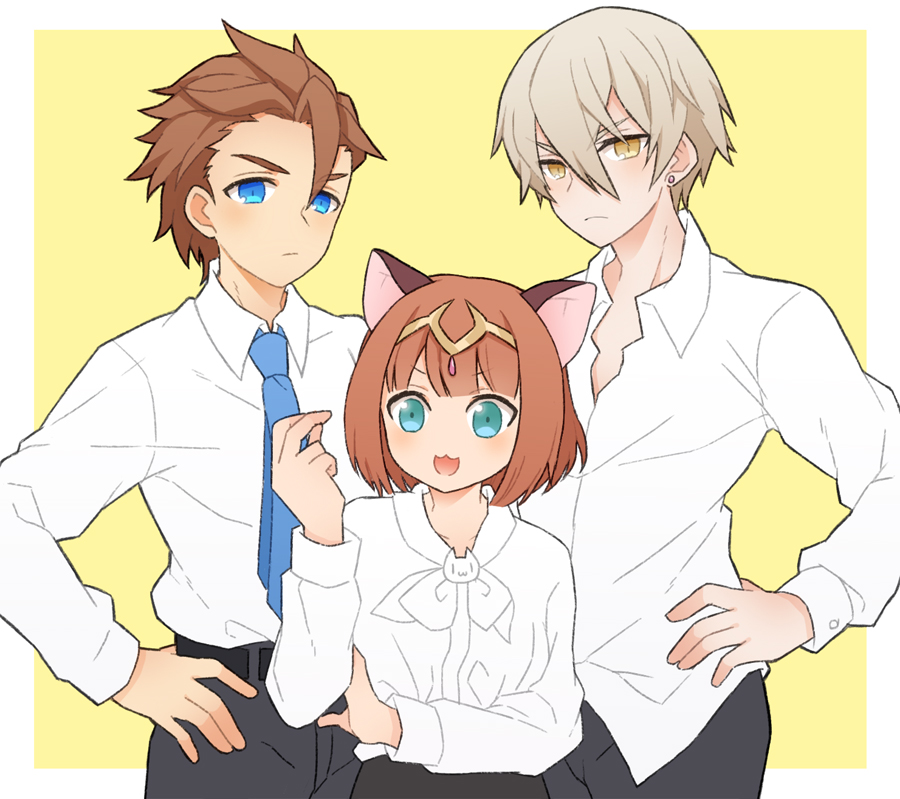 1girl 2boys :3 alvin_granford animal_ears aqua_eyes bangs blouse blue_eyes blush bob_cut cat_ears cat_girl circlet earrings hair_between_eyes jewelry mikhail_lancelot multiple_boys necktie panunpa pop-up_story shirt short_hair smile teacher_(female)_(pop-up_story) white_shirt yellow_eyes