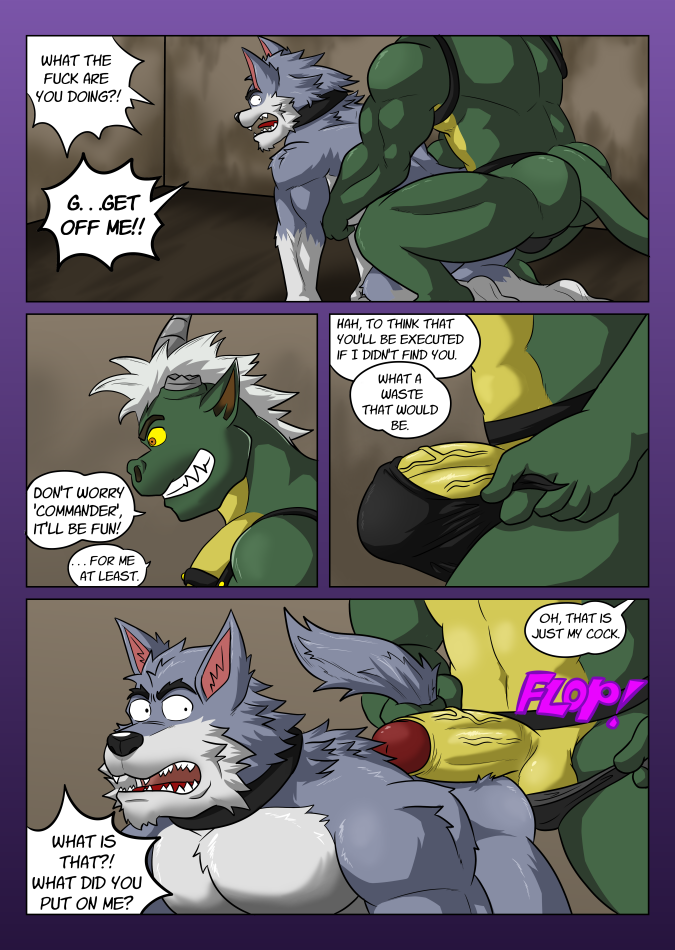 all_fours anthro bdsm bob_(vju79) broken_horn canid canine canis clothing collar comic crouching domination dragon duo english_text evil_grin fur genitals gervic_(vju79) green_body green_scales grey_body grey_fur hair harness holding_tail horn humanoid_genitalia humanoid_penis imminent_rape imminent_sex immobilized male male/male male_domination mammal multicolored_body muscular muscular_male onomatopoeia penis profanity scales scalie scared smile sound_effects text two_tone_body undressing vein veiny_penis vju79 white_hair wingless_dragon wolf yellow_sclera