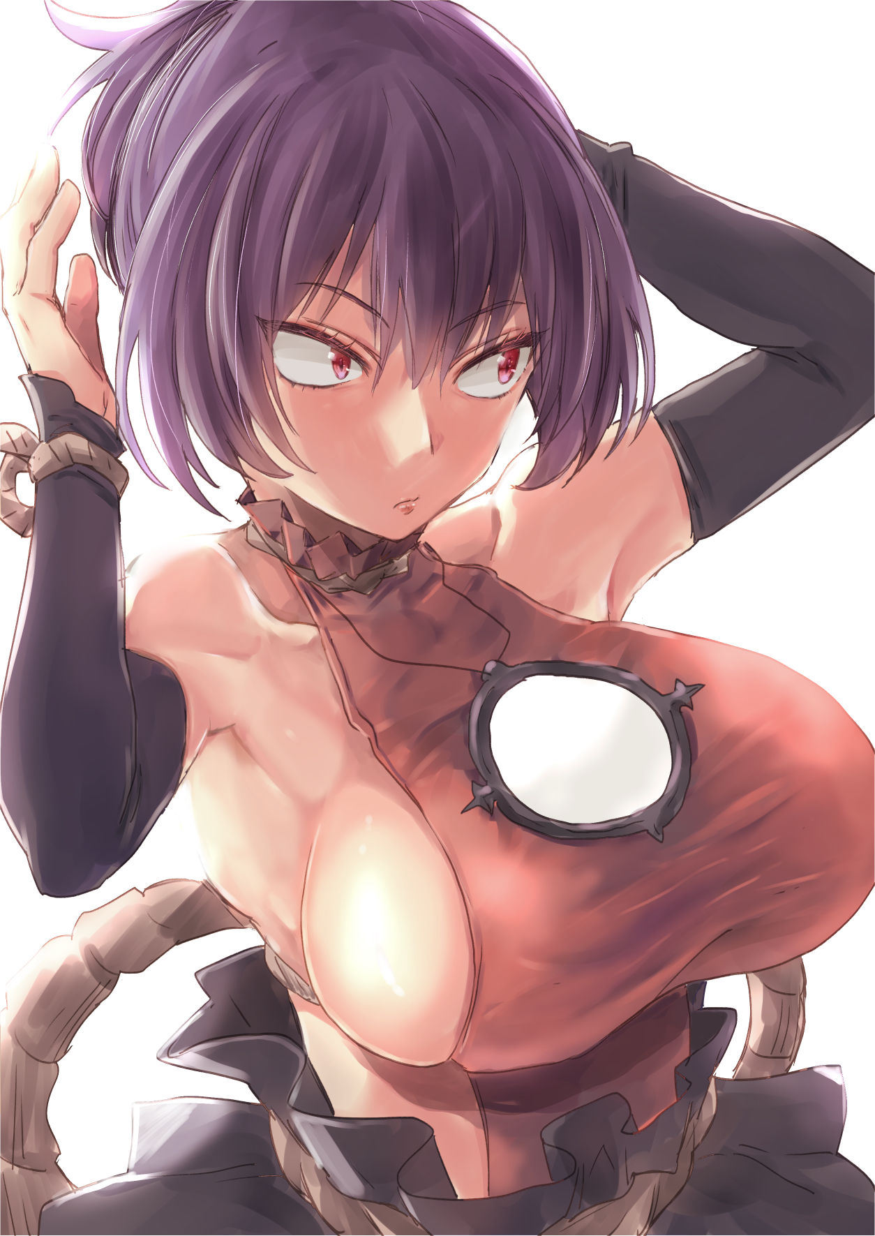 1girl adjusting_hair armpits bare_shoulders black_gloves breasts bridal_gauntlets gloves hair_up highres large_breasts mirror purple_hair red_eyes rope shimenawa short_hair sideboob skirt solo touhou upper_body yasaka yohane