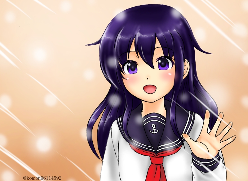 1girl against_glass akatsuki_(kantai_collection) anchor_symbol beige_background black_hair black_sailor_collar commentary_request kantai_collection kudou_(ooabareteng) long_hair neckerchief purple_eyes red_neckwear sailor_collar school_uniform serafuku smile solo twitter_username upper_body