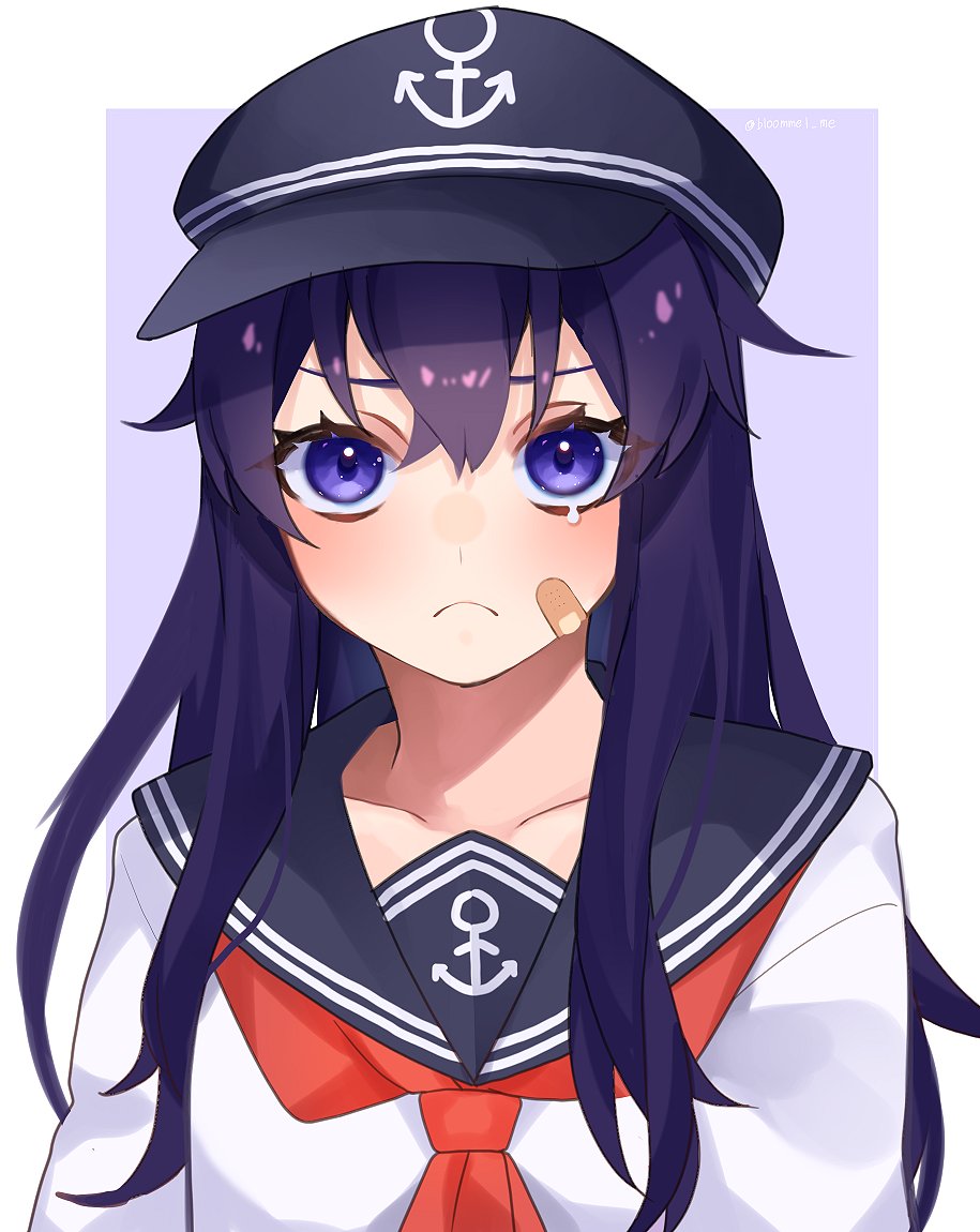 1girl akatsuki_(kantai_collection) anchor_symbol bandaid bandaid_on_face black_hair black_headwear black_sailor_collar blue_eyes border commentary_request flat_cap hat kantai_collection kozu_(bloomme1_me) lavender_background long_hair looking_at_viewer neckerchief red_neckwear sailor_collar school_uniform serafuku solo two-tone_background upper_body white_border