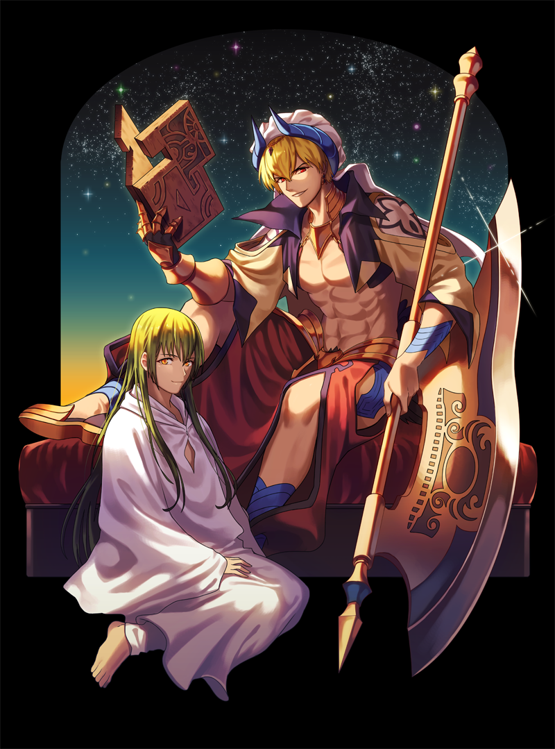 1boy 1other abs androgynous blonde_hair commentary enkidu_(fate/strange_fake) fate/grand_order fate_(series) gauntlets gilgamesh gilgamesh_(caster)_(fate) green_hair kamesu light_smile long_hair parted_lips sitting sky smile star_(sky) starry_sky stone_tablet twilight very_long_hair weapon white_headwear white_robe