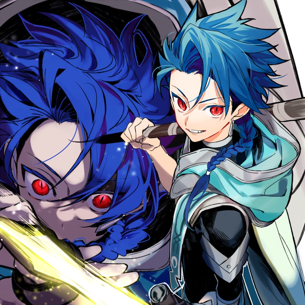 1boy blue_hair braid braided_ponytail cape close-up cu_chulainn_(fate)_(all) dagger earrings fate/grand_order fate/grand_order_arcade fate_(series) holding holding_staff hood hood_down hooded_cape jewelry long_hair looking_at_viewer male_focus multiple_views red_eyes setanta_(fate) smile spiked_hair staff tatsuta_age type-moon weapon