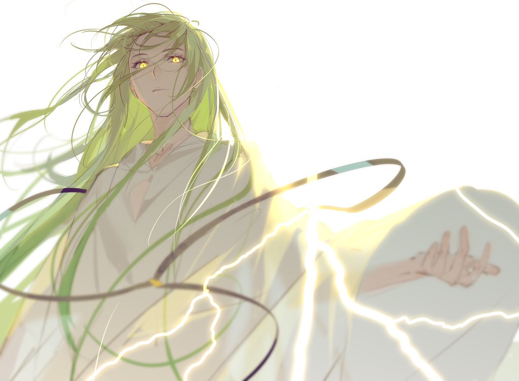 1boy androgynous backlighting bangs cloak enkidu_(fate/strange_fake) expressionless fate/grand_order fate_(series) floating_hair glowing glowing_eyes green_hair jewelry lightning_bolt looking_at_viewer necklace robe rrr_(reason) solo upper_body wind yellow_eyes
