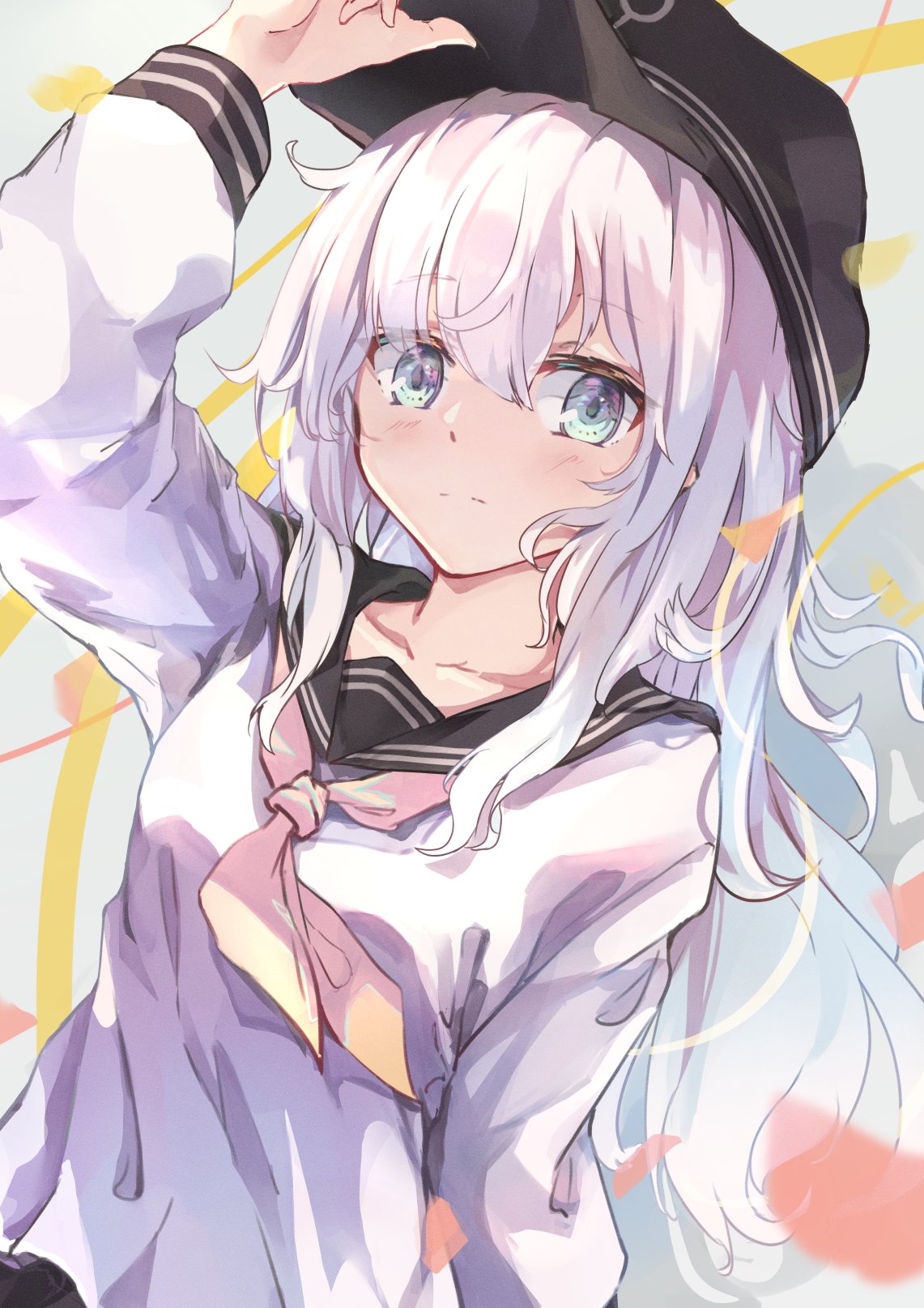 1girl black_headwear black_sailor_collar blue_eyes blush closed_mouth collarbone eyebrows_visible_through_hair flat_cap hair_between_eyes hat hibiki_(kantai_collection) highres kantai_collection koomoi long_hair long_sleeves neckerchief sailor_collar school_uniform serafuku silver_hair solo upper_body