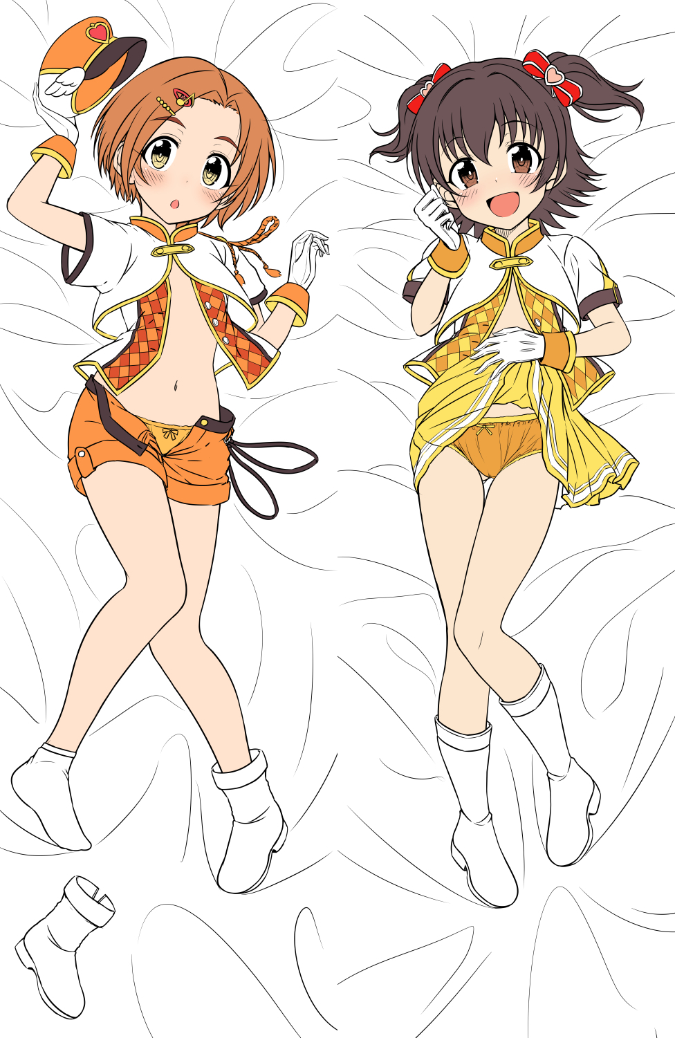 2girls :d akagi_miria arm_up bangs bed_sheet black_hair blush boot_removed boots bow bow_panties brown_eyes brown_hair commentary_request dakimakura_(medium) flo gloves hair_bow hair_ornament hat hat_removed headwear_removed heart heart_hair_ornament highres idolmaster idolmaster_cinderella_girls jacket lifted_by_self looking_at_viewer lying multiple_girls navel on_back open_clothes open_fly open_mouth open_shorts orange_headwear orange_panties orange_shorts panties parted_bangs pleated_skirt red_bow ryuuzaki_kaoru shako_cap short_shorts short_sleeves shorts single_boot skirt skirt_lift smile socks two_side_up underwear white_footwear white_gloves white_jacket white_legwear yellow_skirt