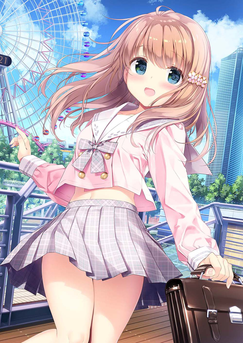 1girl :d bag blue_eyes blue_sky blush bow bowtie brown_hair building cloud commentary_request ferris_wheel flower hair_flower hair_ornament highres holding holding_bag kimishima_ao long_hair long_sleeves looking_at_viewer momoi_saki open_mouth original outdoors pink_shirt plaid plaid_skirt pleated_skirt purple_sailor_collar purple_skirt sailor_collar school_briefcase school_uniform serafuku shirt skirt sky skyscraper smile solo standing tree