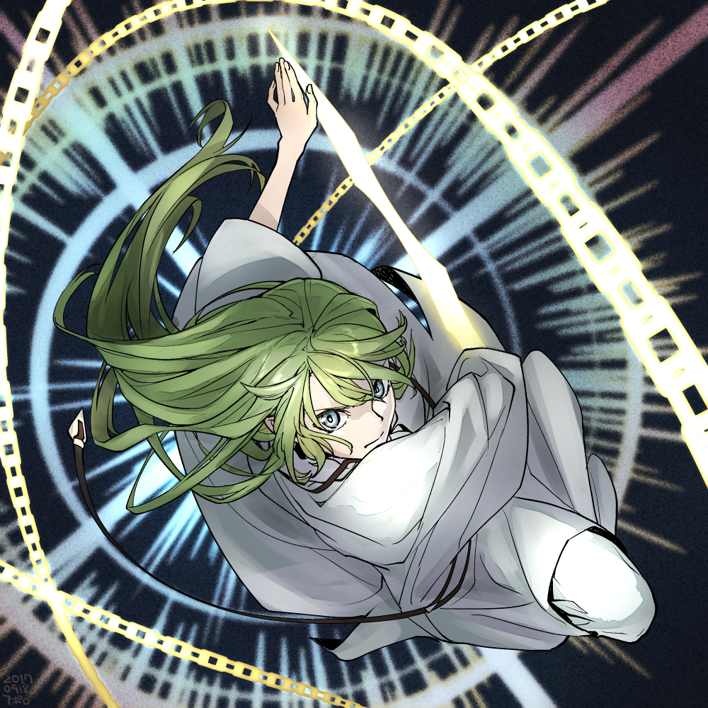 1boy apollo_hotori blade blue_eyes chain closed_mouth enkidu_(fate/strange_fake) fate_(series) fingernails glowing glowing_weapon green_hair hair_between_eyes long_hair male_focus solo weapon