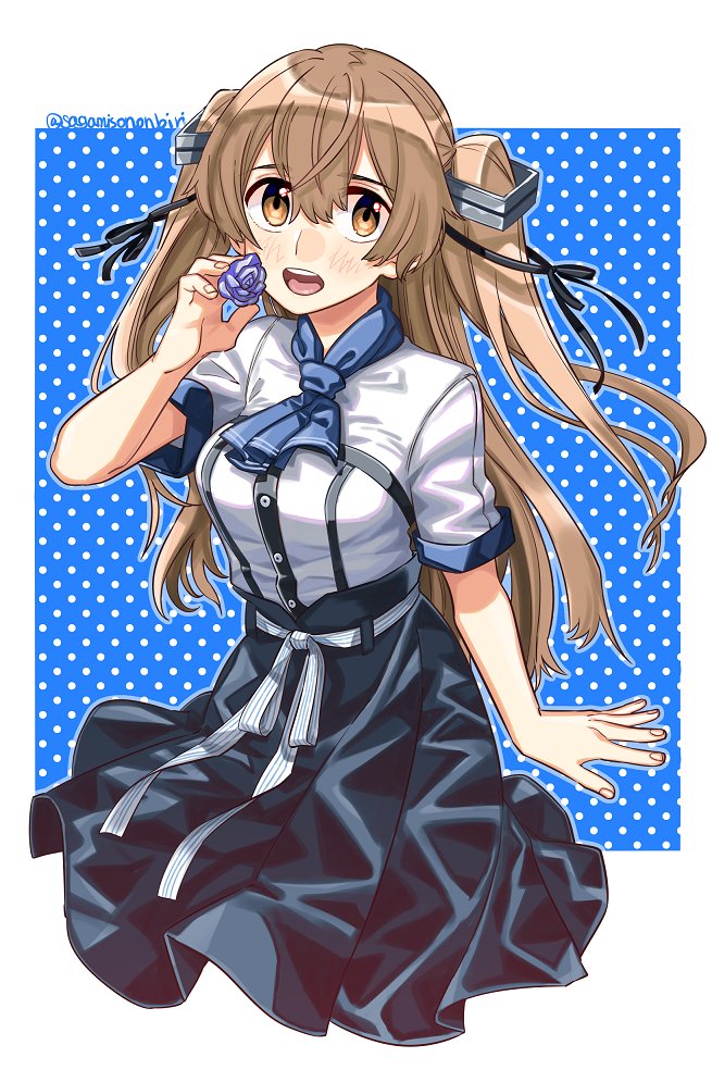 1girl black_skirt breasts brown_eyes cowboy_shot flower hair_ribbon johnston_(kantai_collection) kantai_collection light_brown_hair long_hair long_skirt medium_breasts neckerchief ribbon sagamiso shirt skirt solo twitter_username two_side_up white_ribbon white_shirt