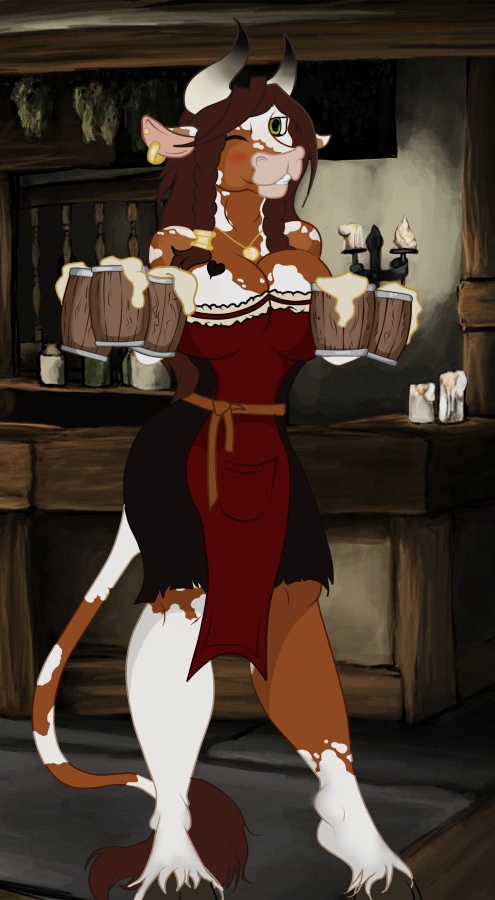 alcohol anthro beer beer_mug beverage bovid bovine breasts brown_hair cattle clothed clothing ear_piercing female hair horn kizi0n mammal narrowed_eyes piercing simple_background smile solo tavern waiter