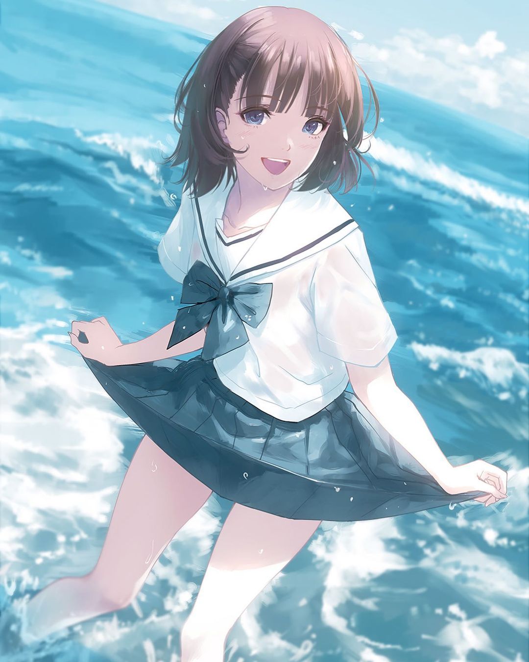 1girl aqua_bow aqua_neckwear aqua_skirt bangs bare_legs blue_bow blue_eyes blue_neckwear blue_skirt bow bowtie brown_hair caidychen cloud collarbone commentary day dutch_angle english_commentary eyebrows_visible_through_hair feet_out_of_frame gradient_eyes highres horizon leaning_to_the_side legs_apart light_blush looking_at_viewer miniskirt multicolored multicolored_eyes ocean open_mouth original outdoors pigeon-toed pleated_skirt purple_eyes sailor_collar sailor_shirt school_uniform shirt short_hair short_sleeves skirt skirt_hold smile solo standing symbol_commentary upper_teeth wading water water_drop wet white_shirt