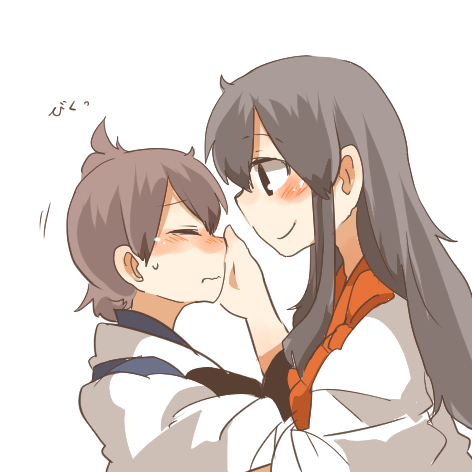 2girls akagi_(kantai_collection) black_eyes black_hair blush brown_hair closed_eyes commentary_request hands_on_another's_face kaga_(kantai_collection) kantai_collection long_hair lowres multiple_girls rebecca_(keinelove) short_hair side_ponytail smile sweat