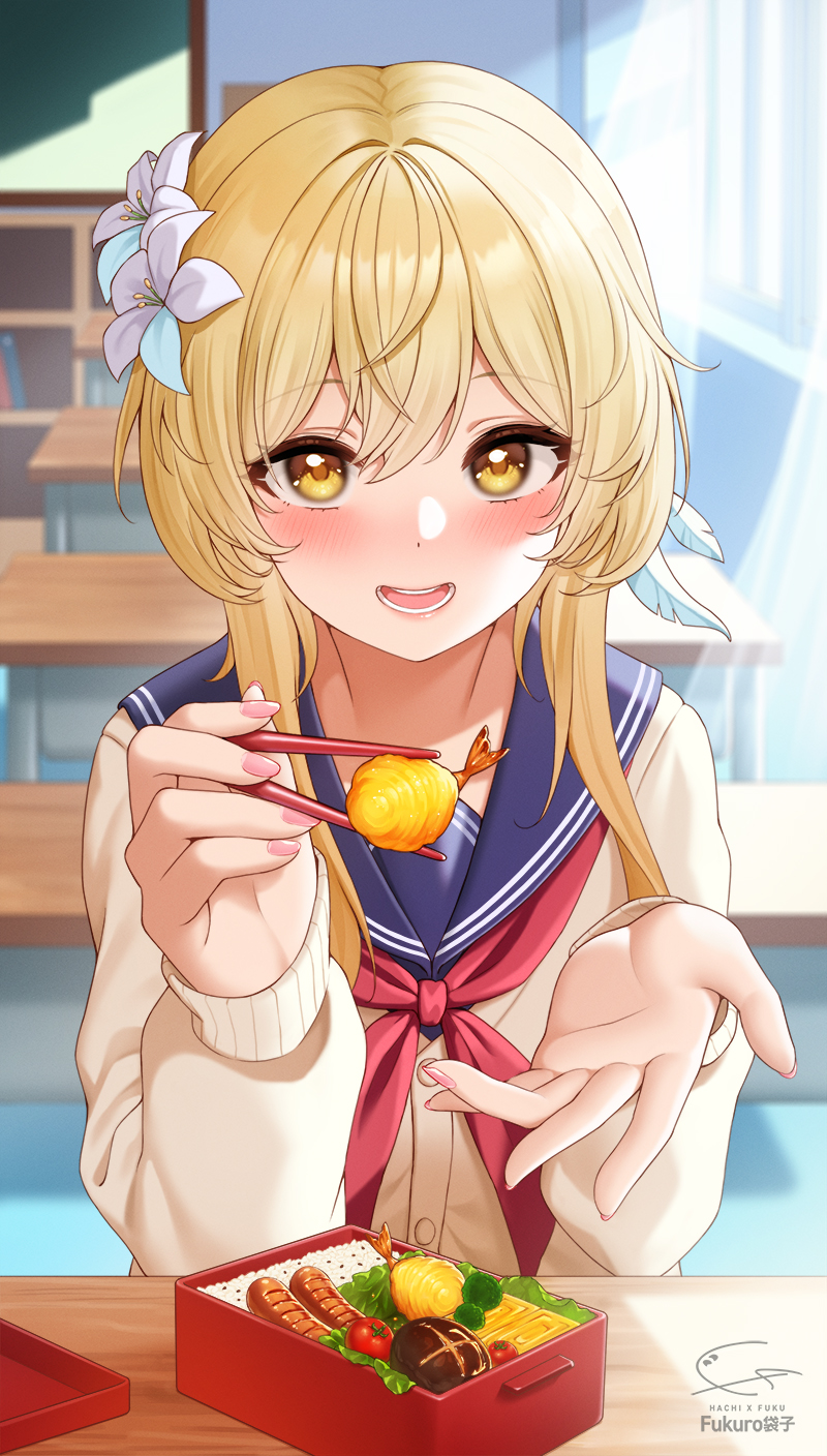 1girl artist_name bangs blonde_hair blush buttons chopsticks desk eyebrows_visible_through_hair feathers flower food fukuro_ko_(greentea) genshin_impact hair_between_eyes hair_feathers hair_flower hair_ornament highres holding holding_chopsticks indoors long_hair long_sleeves looking_at_viewer lumine_(genshin_impact) mushroom nail_polish neckerchief obentou offering open_hand open_mouth outstretched_hand pink_nails rice school_uniform signature smile solo sunlight teeth tempura tomato window yellow_eyes