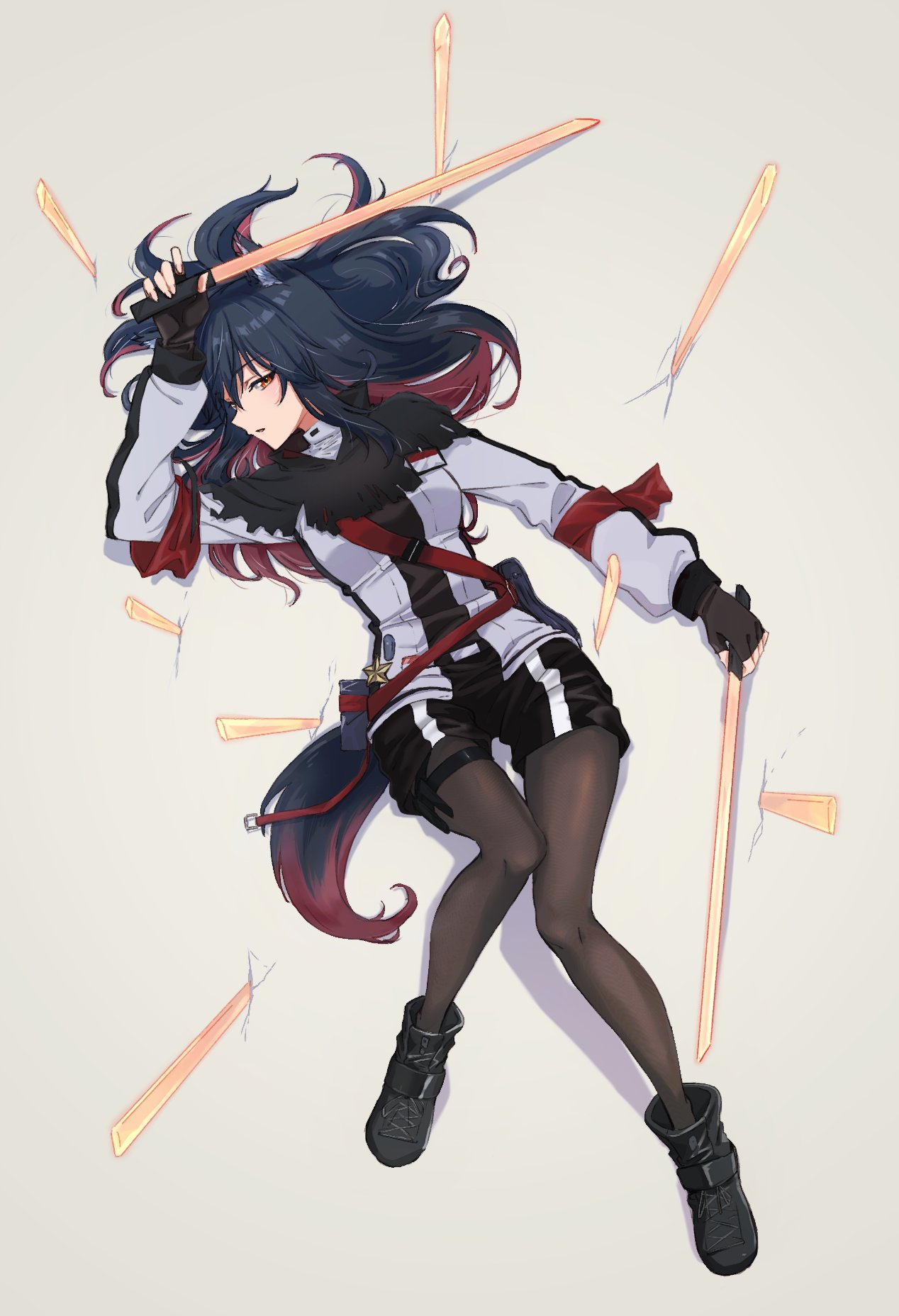 1girl animal_ear_fluff animal_ears arknights bangs black_footwear black_gloves black_hair black_shorts brown_eyes brown_legwear commentary eyebrows_visible_through_hair fingerless_gloves full_body gloves hair_between_eyes highres holding holding_sword holding_weapon jacket konota_ko legwear_under_shorts long_hair long_sleeves multicolored_hair pantyhose penguin_logistics_logo planted_sword planted_weapon red_hair shoes short_shorts shorts simple_background solo sword tail texas_(arknights) twitter_username two-tone_hair v-shaped_eyebrows very_long_hair weapon white_jacket wolf_ears wolf_girl wolf_tail