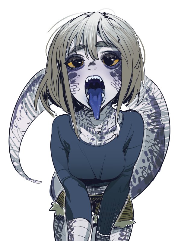 1girl black_eyes blue-tongued_skink blue-tongued_skink_(sparrowl) blue_tongue breasts brown_shorts colored_sclera colored_skin colored_tongue cowboy_shot grey_hair large_breasts lizard_girl lizard_tail long_sleeves looking_at_viewer medium_hair monster_girl open_mouth original purple_skin scales shorts solo sparrowl standing tail tongue tongue_out yellow_sclera