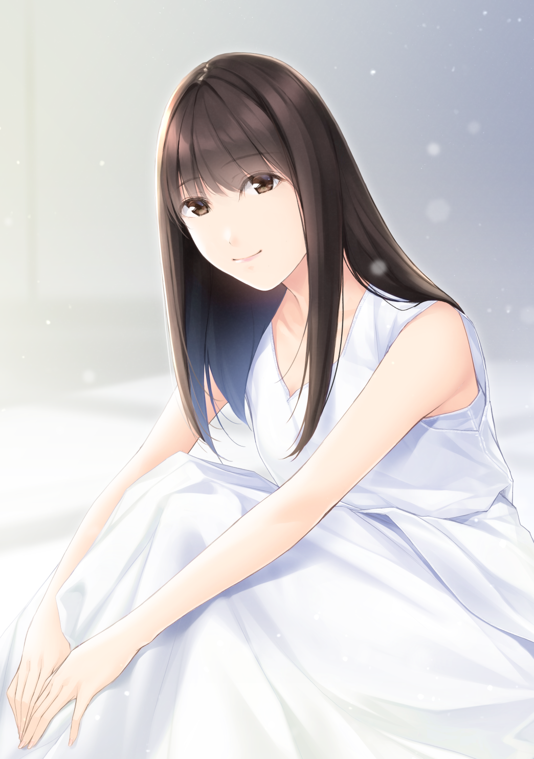 1girl brown_eyes brown_hair closed_mouth dress highres long_dress long_hair looking_at_viewer nayuta69 original sitting sleeveless sleeveless_dress smile solo white_dress