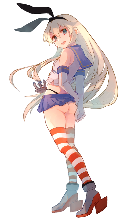 1girl 8ne_(nitika127) anchor_hair_ornament ass black_hairband black_panties blonde_hair blue_sailor_collar blue_skirt crop_top elbow_gloves from_behind gloves grey_eyes hair_ornament hairband highleg highleg_panties kantai_collection long_hair looking_at_viewer looking_back microskirt miniskirt panties pleated_skirt sailor_collar shimakaze_(kantai_collection) simple_background skirt smile solo striped striped_legwear thighhighs thong underwear white_background white_gloves