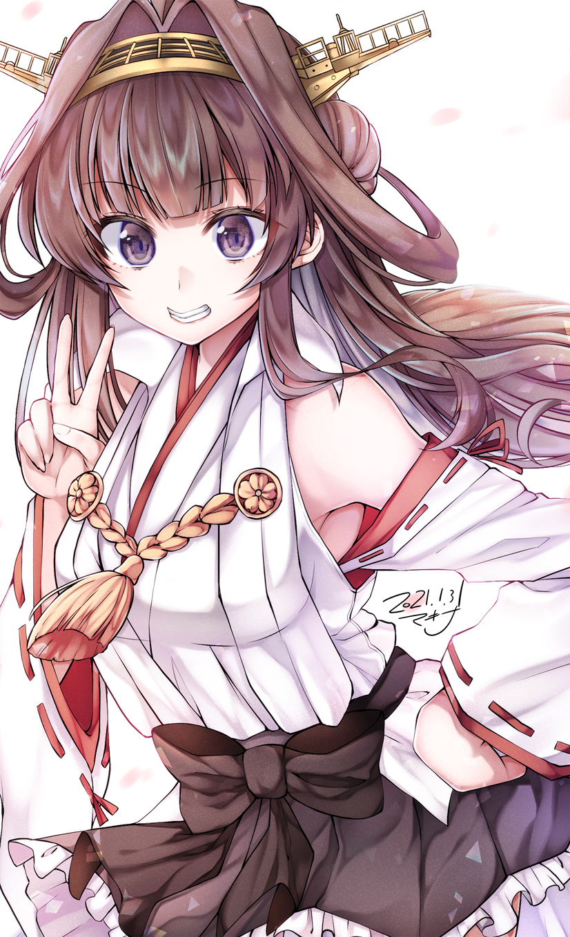 1girl ahoge artist_name bare_shoulders black_skirt brown_hair cowboy_shot dated detached_sleeves double_bun eyebrows_visible_through_hair grin hairband headgear highres japanese_clothes kantai_collection kongou_(kantai_collection) long_hair makina00 nontraditional_miko pleated_skirt purple_eyes ribbon-trimmed_sleeves ribbon_trim signature skirt smile solo v wide_sleeves