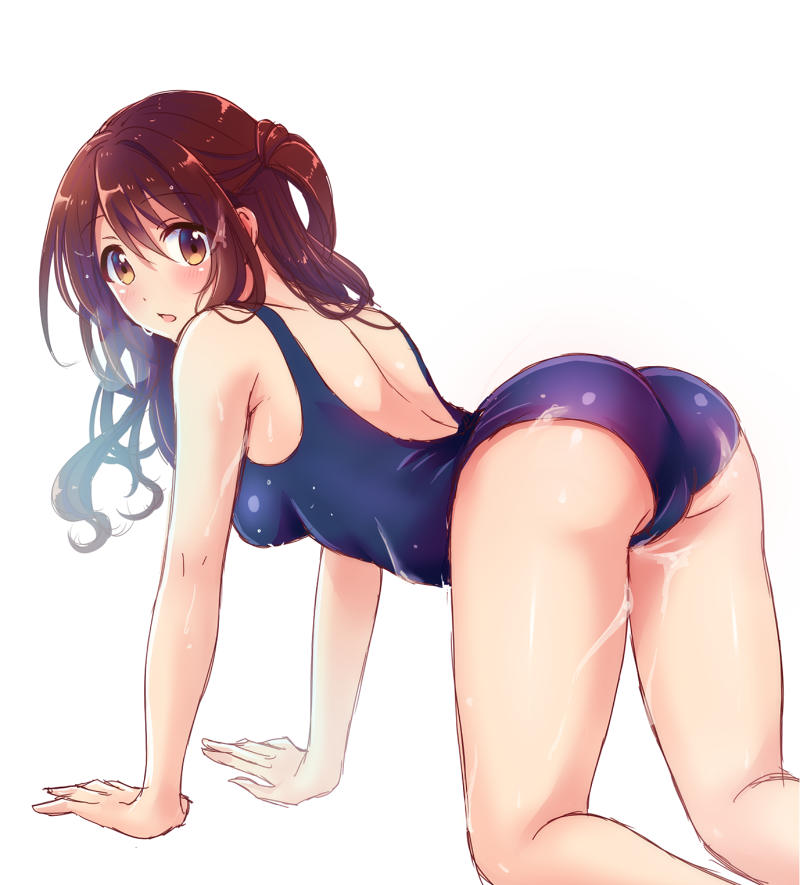 1girl ass bent_over brown_hair idolmaster idolmaster_cinderella_girls idolmaster_cinderella_girls_starlight_stage looking_at_viewer one-piece_swimsuit school_swimsuit serino_itsuki shimamura_uzuki side_ponytail swimsuit wet