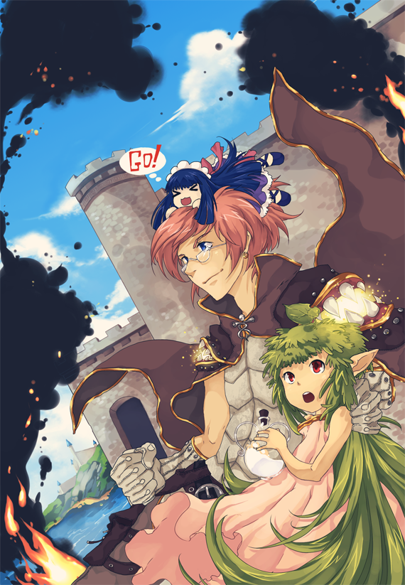 &gt;_&lt; 1boy 2girls alice_(ragnarok_online) armor belt blue_dress blue_eyes blue_sky breastplate brown_belt brown_cape brown_pants cape castle clenched_hand closed_mouth cloud cowboy_shot creator_(ragnarok_online) dress dutch_angle fire frilled_dress frills glasses gloves green_hair hand_on_another's_neck lif_(ragnarok_online) living_clothes long_hair looking_to_the_side magic maid maid_headdress minigirl moat multiple_girls open_mouth pants pink_dress pink_hair plant_hair pointy_ears pouch ragnarok_online rectangular_eyewear red_eyes sairin short_hair sky smoke teeth thought_bubble water white_gloves