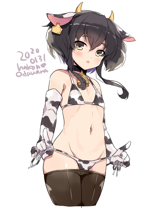 1girl animal_ears animal_print bell bikini black_hair black_legwear blush cow_ears cow_horns cow_print cowbell cropped_legs dated elbow_gloves eyebrows_visible_through_hair fake_animal_ears fake_horns flat_chest gloves groin hair_between_eyes horns kantai_collection navel odawara_hakone open_mouth pantyhose short_hair short_hair_with_long_locks simple_background solo swimsuit tokitsukaze_(kantai_collection) twitter_username white_background white_bikini white_gloves yellow_eyes