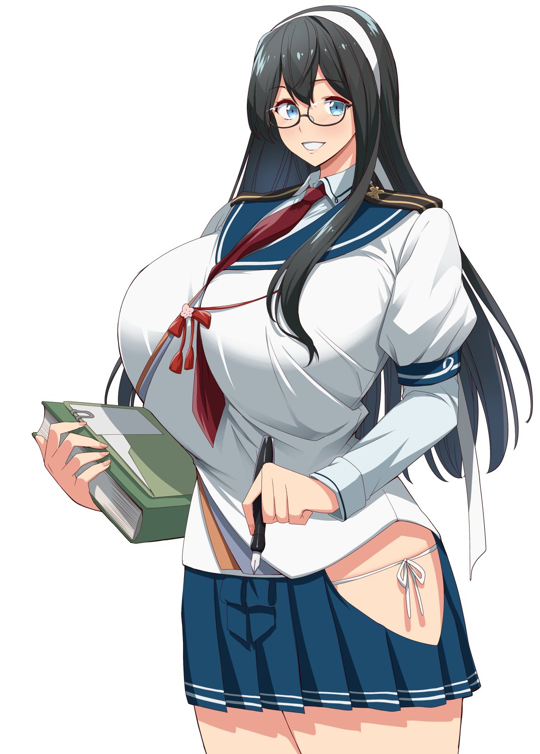 1girl bangs between_breasts binder black_hair blue_eyes book breasts clipboard collar collared_shirt gigantic_breasts glasses hair_ribbon hairband highres hip_vent kantai_collection kloah legs long_hair long_sleeves looking_at_viewer necktie necktie_between_breasts ooyodo_(kantai_collection) panties pen quill ribbon school_uniform semi-rimless_eyewear serafuku shirt side-tie_panties smile solo tress_ribbon under-rim_eyewear underwear white_ribbon