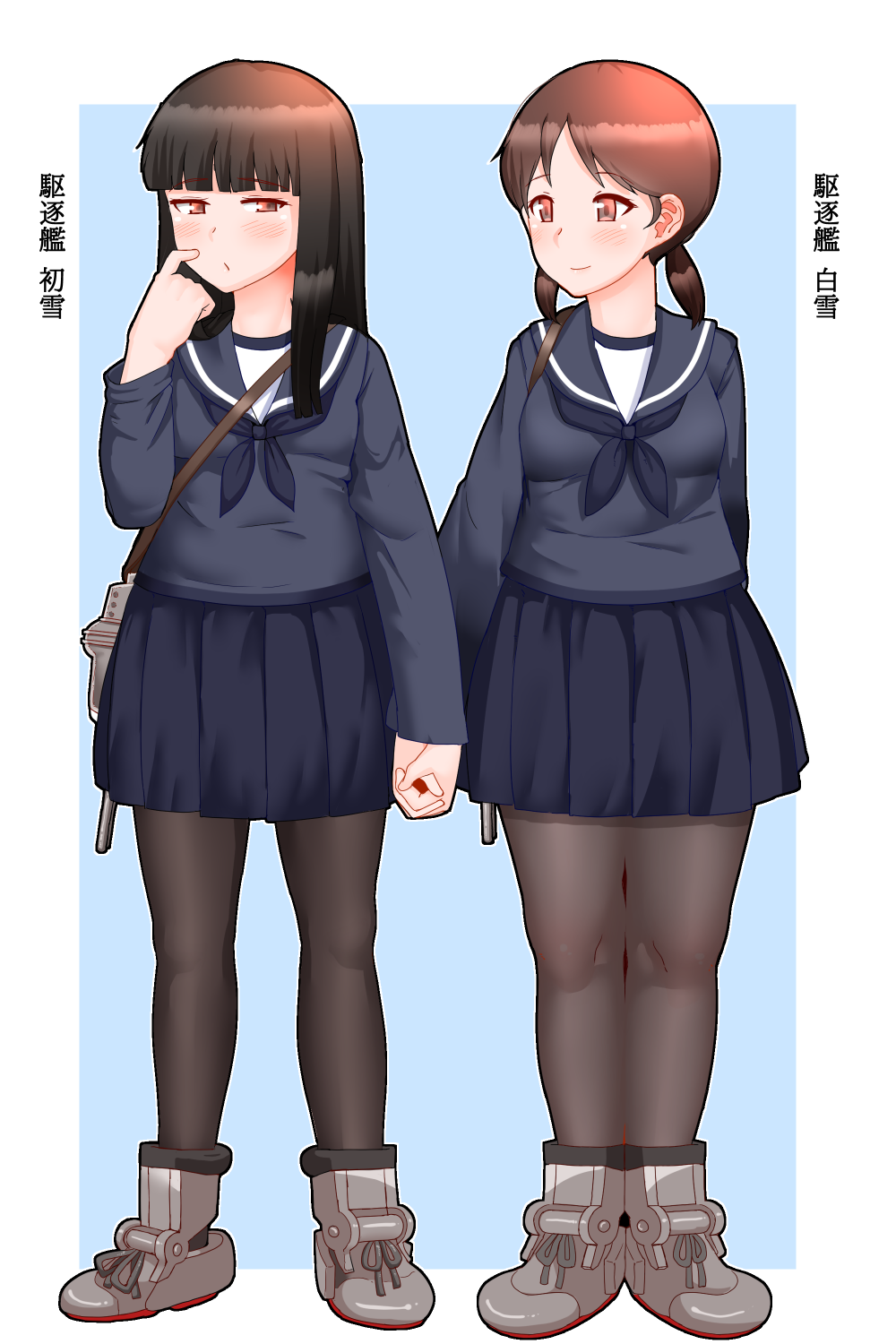 2girls bangs black_hair blunt_bangs blush brown_eyes brown_hair collared_shirt hatsuyuki_(kantai_collection) highres hime_cut interlocked_fingers kantai_collection long_hair low_twintails multiple_girls nb_(pixiv594732) neckerchief parted_bangs pleated_skirt school_uniform serafuku shirayuki_(kantai_collection) shirt short_hair short_twintails skirt translation_request twintails yuri