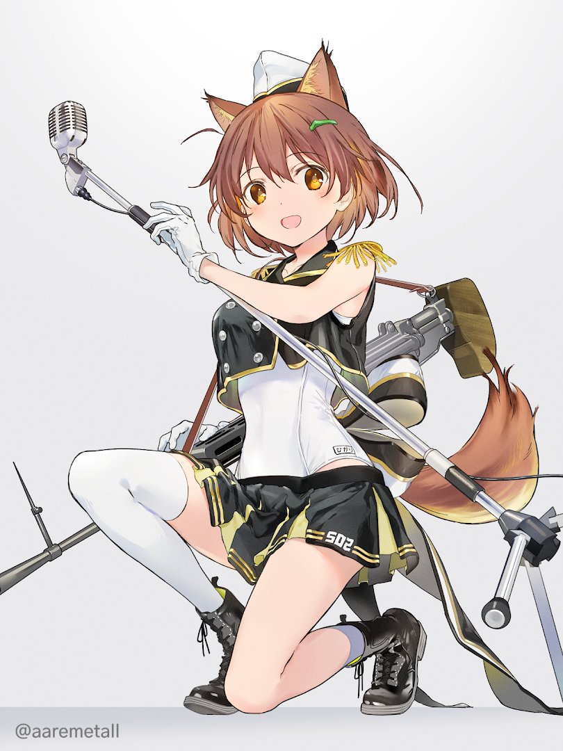 1girl animal_ears black_skirt black_vest brave_witches brown_hair commentary_request epaulettes gloves gun hone karibuchi_hikari looking_at_viewer microphone microphone_stand one_knee open_mouth shoes skirt solo squirrel_ears squirrel_tail swimsuit swimsuit_under_clothes tail twitter_username vest weapon white_gloves white_legwear world_witches_series wss_(32656138) yellow_eyes