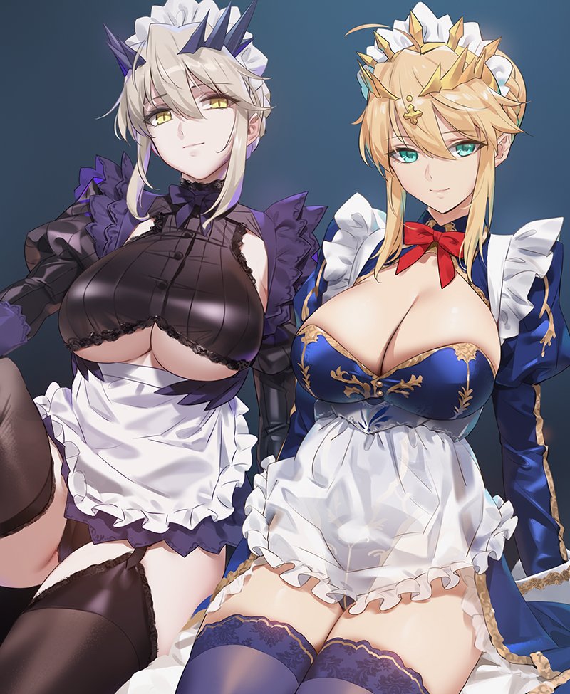 2girls ahoge alternate_costume apron artoria_pendragon_(all) artoria_pendragon_(lancer) artoria_pendragon_(lancer_alter) bangs black_legwear blonde_hair blue_legwear braid breasts cleavage crown_braid enmaided fate/grand_order fate_(series) green_eyes large_breasts leotard maid maid_apron maid_headdress multiple_girls pale_skin short_hair smile thighhighs underboob yd_(orange_maru) yellow_eyes