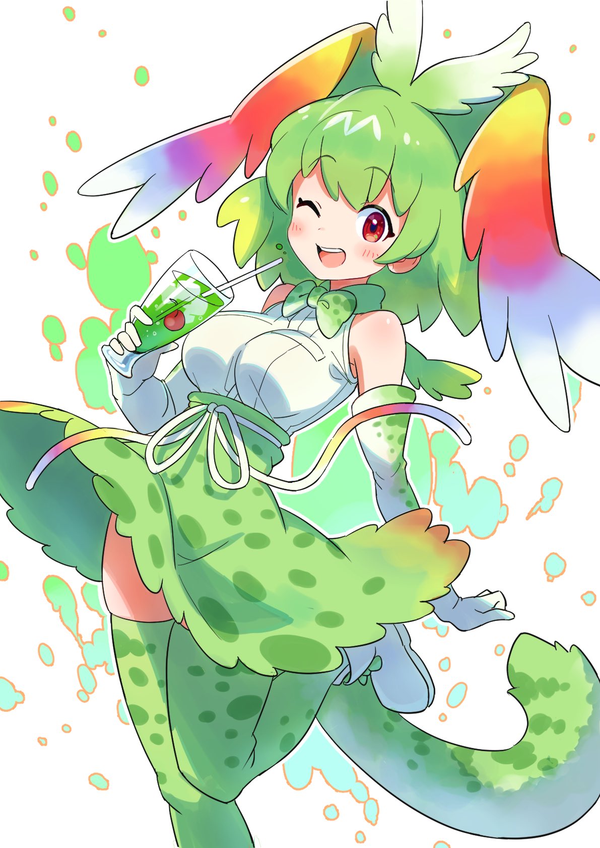 1girl ;d alternate_color animal_ears bangs cerval cherry commentary cup drinking_glass drinking_straw eyebrows_visible_through_hair food fruit gloves green_gloves green_hair green_legwear green_neckwear green_skirt head_wings high-waist_skirt highres holding holding_cup kamuraaa_615 kemono_friends leg_up looking_at_viewer medium_hair one_eye_closed open_mouth print_gloves print_legwear print_neckwear print_skirt rainbow_wings red_eyes serval_(kemono_friends) serval_ears serval_print serval_tail shirt shoes skirt sleeveless sleeveless_shirt smile solo standing standing_on_one_leg tail thighhighs white_footwear white_shirt