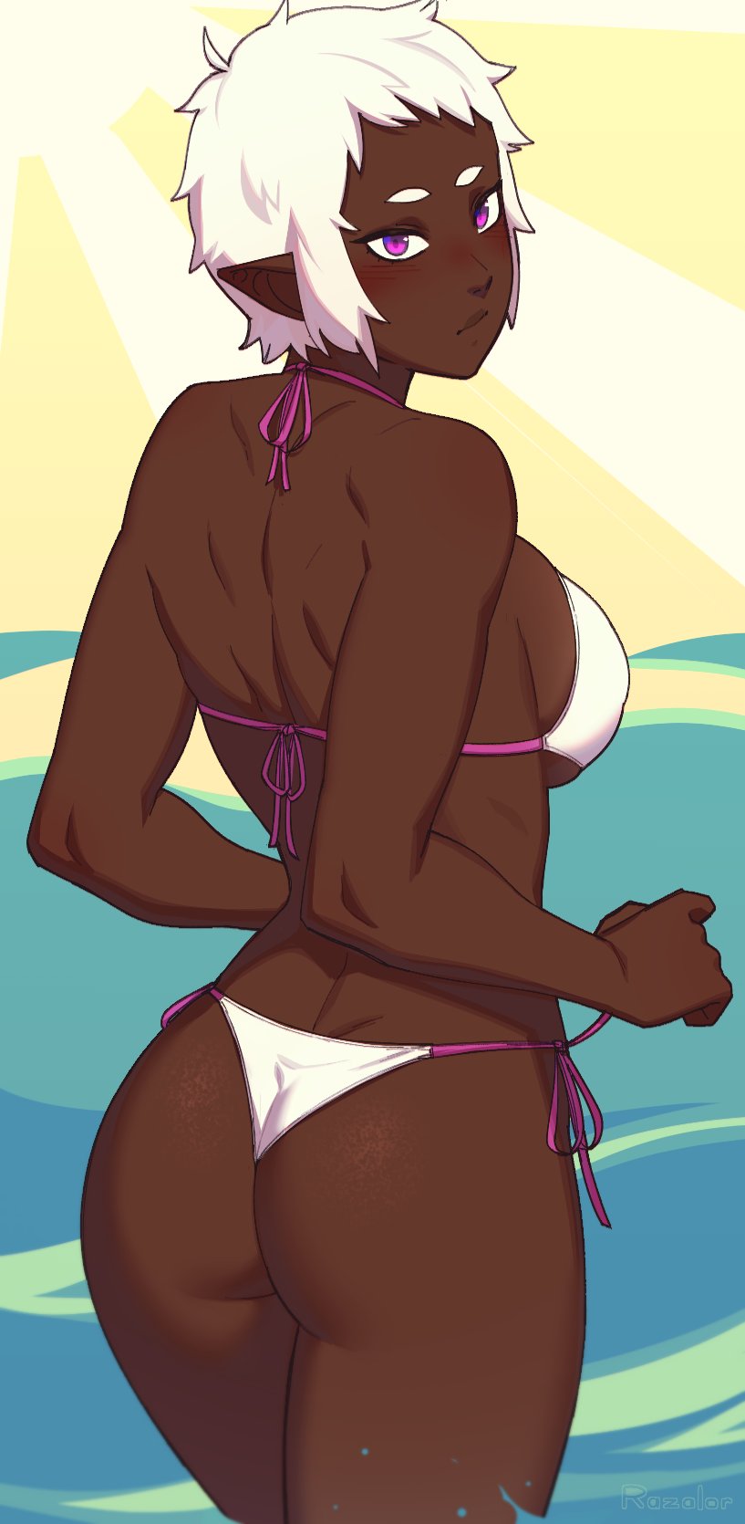 1girl ass bare_shoulders bikini blush borrowed_character breasts commentary cowboy_shot dark_elf dark_skin elf english_commentary from_behind highres large_breasts looking_at_viewer looking_back original pointy_ears purple_eyes razalor roxanne_(nilsunna) short_hair side-tie_bikini solo swimsuit water white_hair