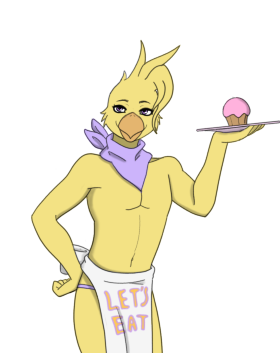 anthro avian bandanna bird chica_(fnaf) chicken colored_sketch crossgender cupcake feathers five_nights_at_freddy's food galliform gallus_(genus) girly hi_res holding_object holding_plate kerchief male neckerchief phasianid qunteki simple_background solo video_games white_background yellow_body yellow_feathers